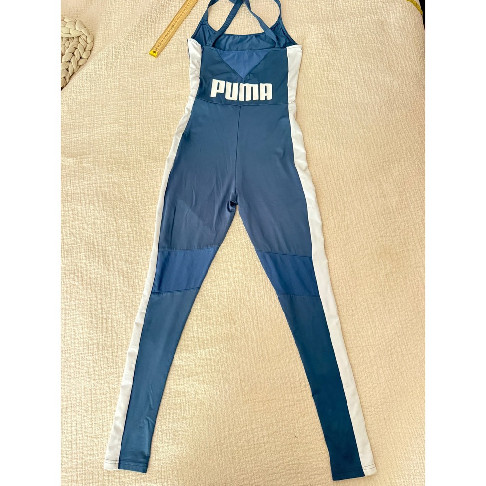 PUMA Womens S Blue White One Piece Unitard Jumpsuit Y2K Athletic Strappy Logo - Picture 2 of 12